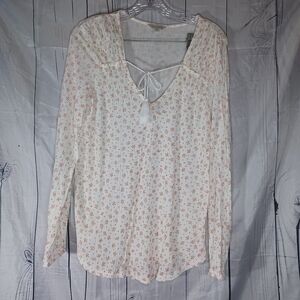Lucky Brand White Calico Floral Long Sleeve Peasant Top w/ Tassel Tie Size M